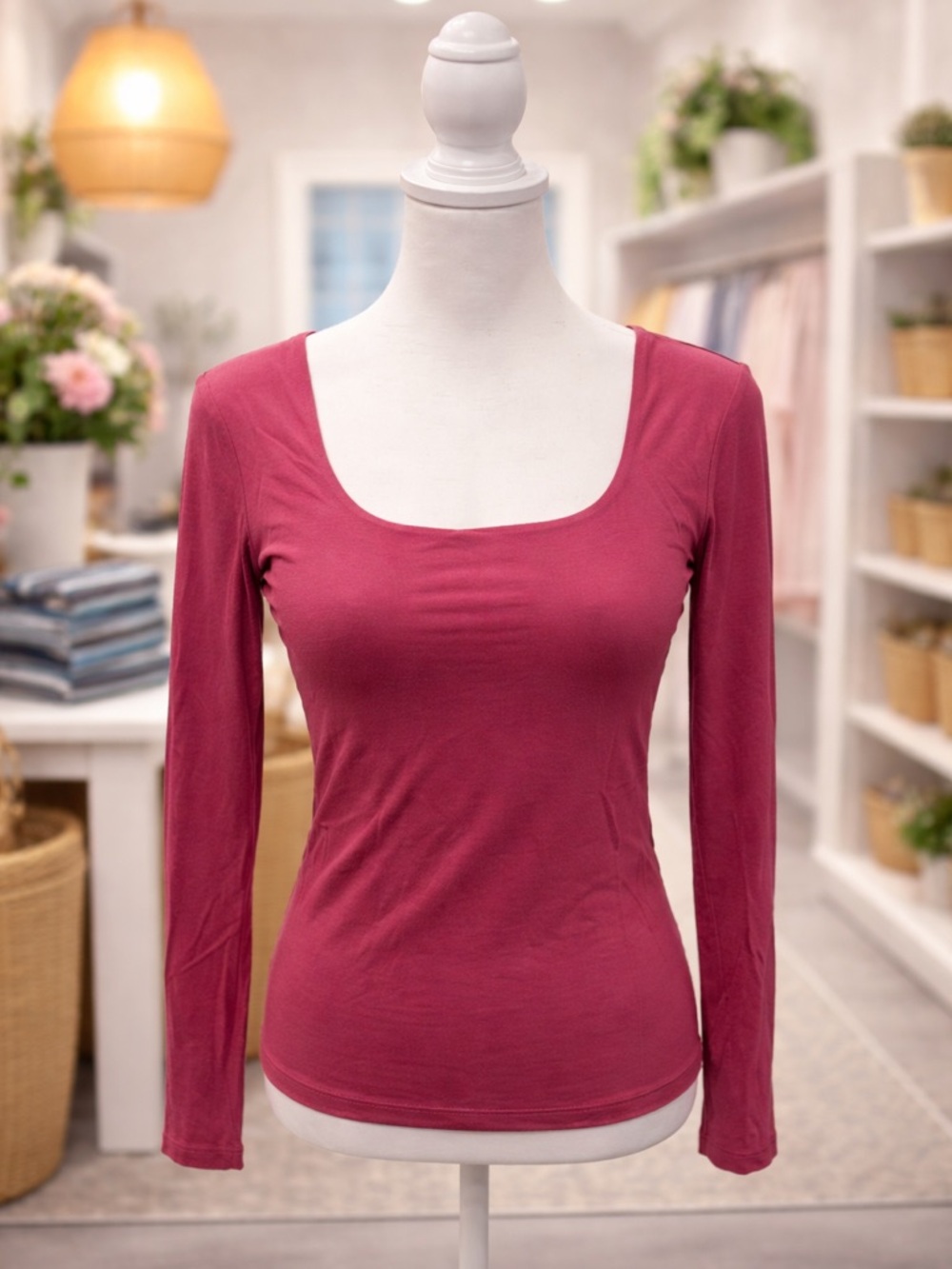 White Birch Dark Pink Built In Bra Long Sleeve Top Stretchy S M L XL
